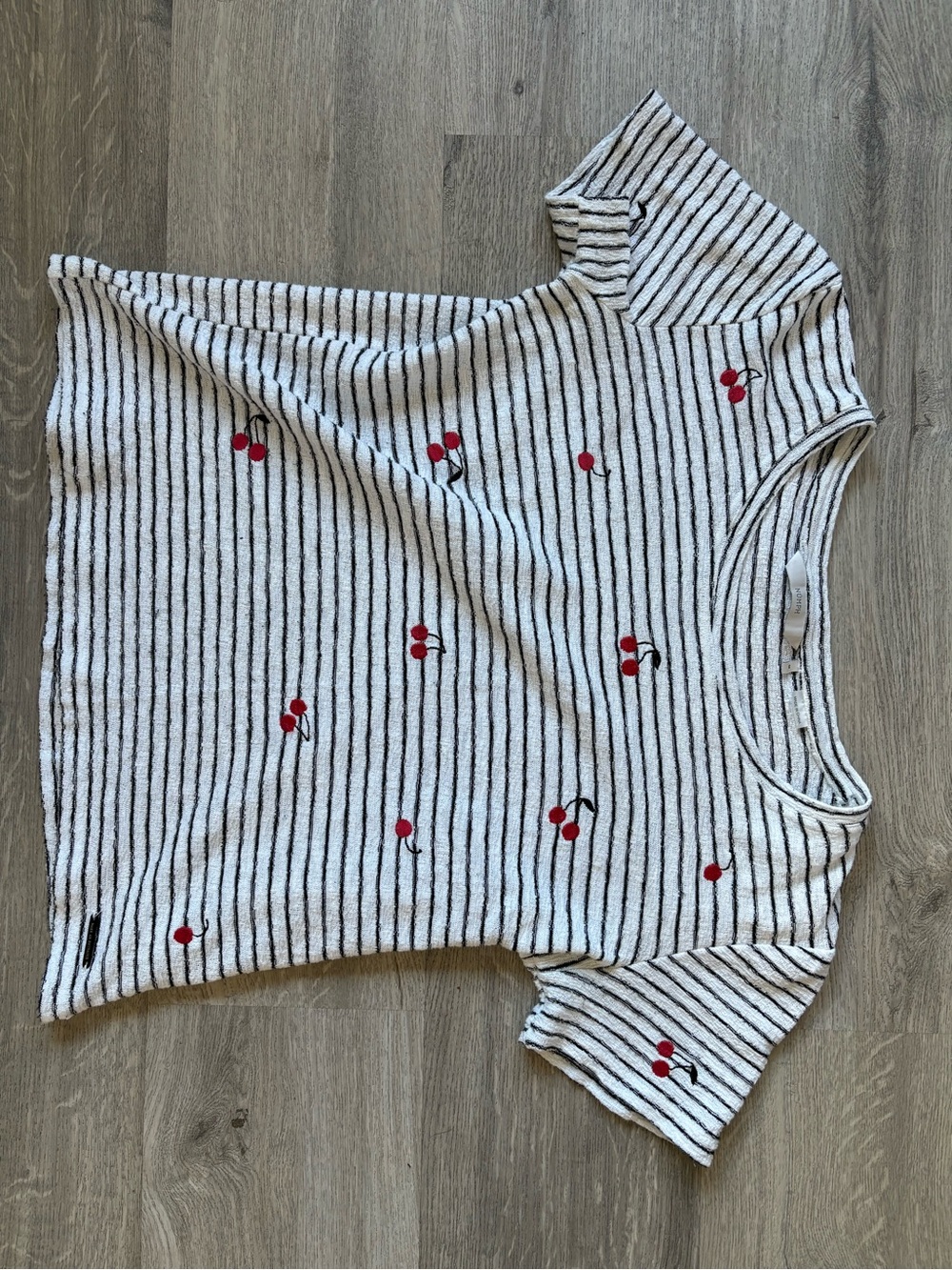 Numph Striped Knit Tee with Red Cherry Embroidery